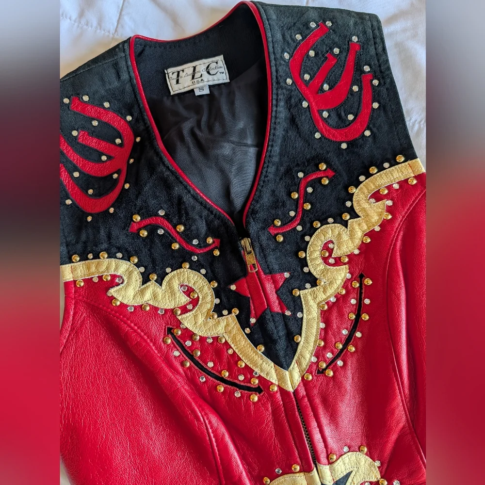 TLC Leather Collection Red Black & Gold Horsemanship Show Studded Rhine Vest - Picture 3 of 10